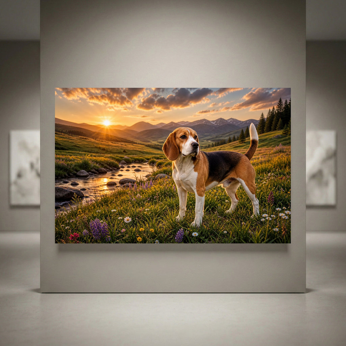 Beagle dog canvas print in a vibrant mountain sunset scene with a river and wildflowers, oil painting style art.