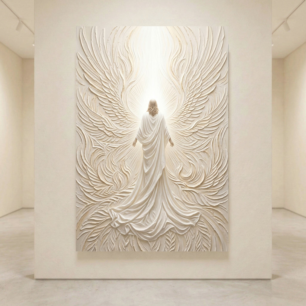 Textured relief canvas print of a divine figure with flowing robes and angelic wings, bathed in ethereal light, spiritual art.