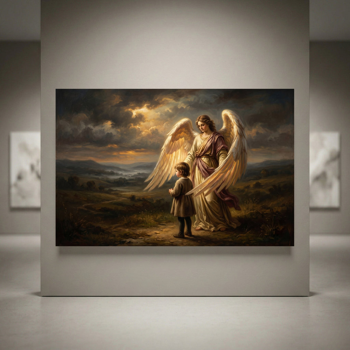 Guardian angel and child canvas print. Religious spiritual art with light, dramatic sky, and classic oil painting style.