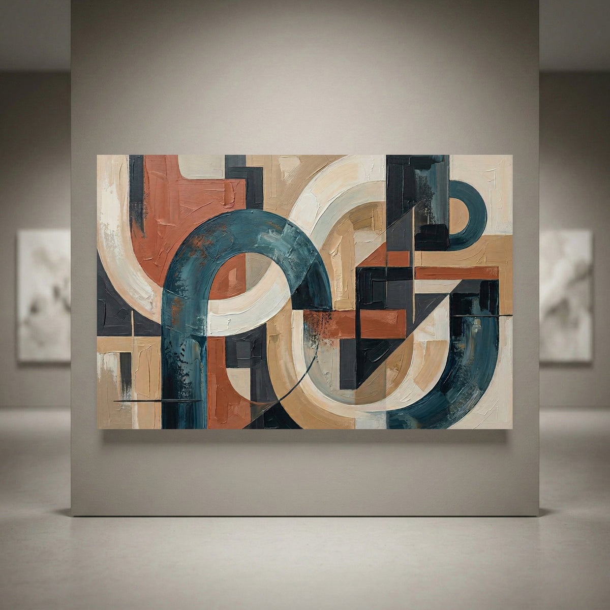 Abstract geometric canvas print featuring a modern design with terracotta, deep teal, beige, and black textured shapes.