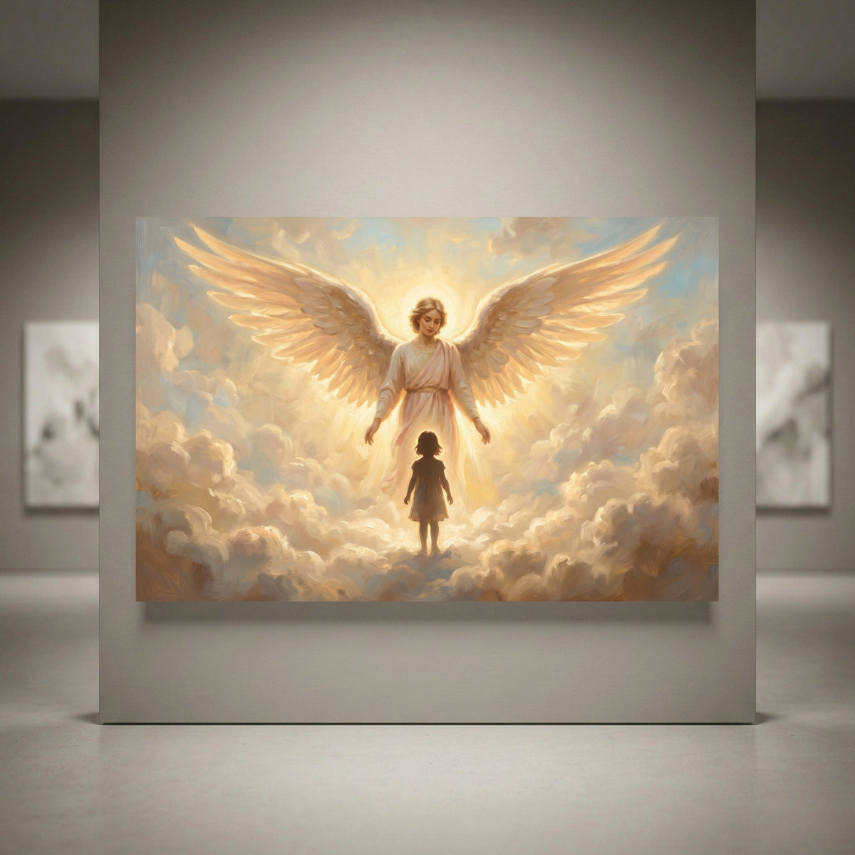 Divine angel with golden wings watching over a child, surrounded by glowing clouds. Inspiring religious canvas print.