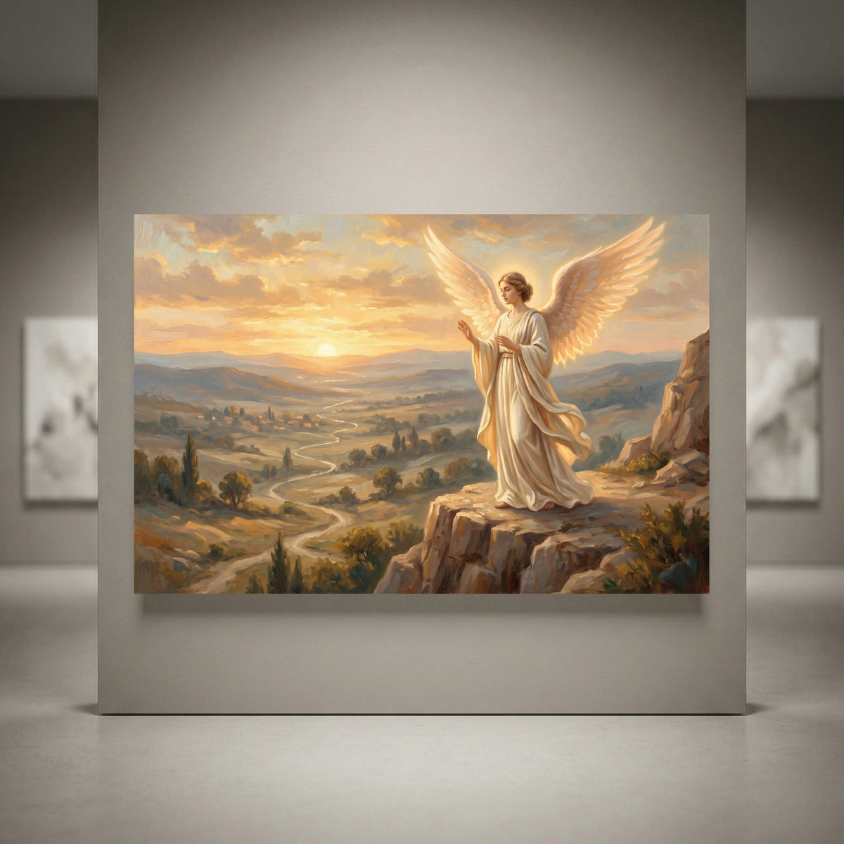 Angel canvas print art on a cliff overlooking a sunset valley, spiritual figure with golden wings, serene landscape scene.