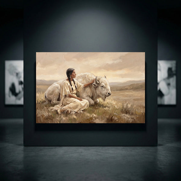 Native American woman with white buffalo canvas print, oil painting style, serene landscape, spiritual, indigenous art.