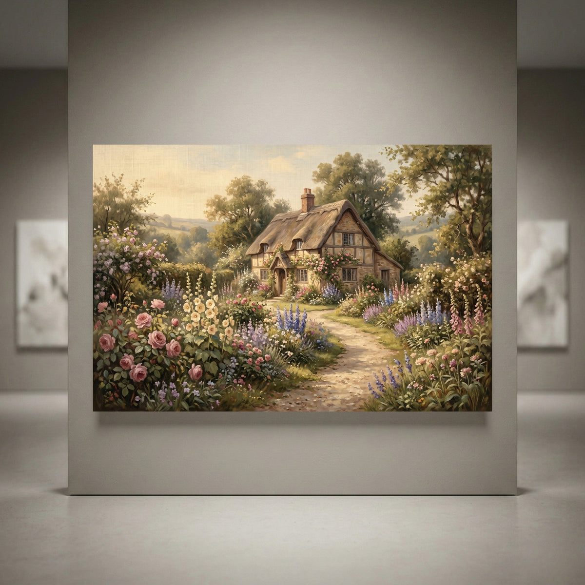 Painterly canvas print of a charming English cottage with a thatched roof, surrounded by a vibrant flower garden and winding path.