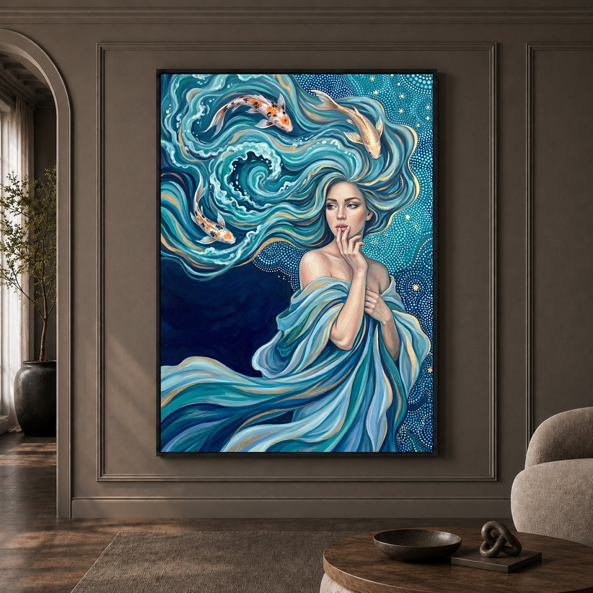 Mystical Water Woman with Koi Fish Oil Painting Style Canvas Print Wall Art Serene - Mockup Display 1