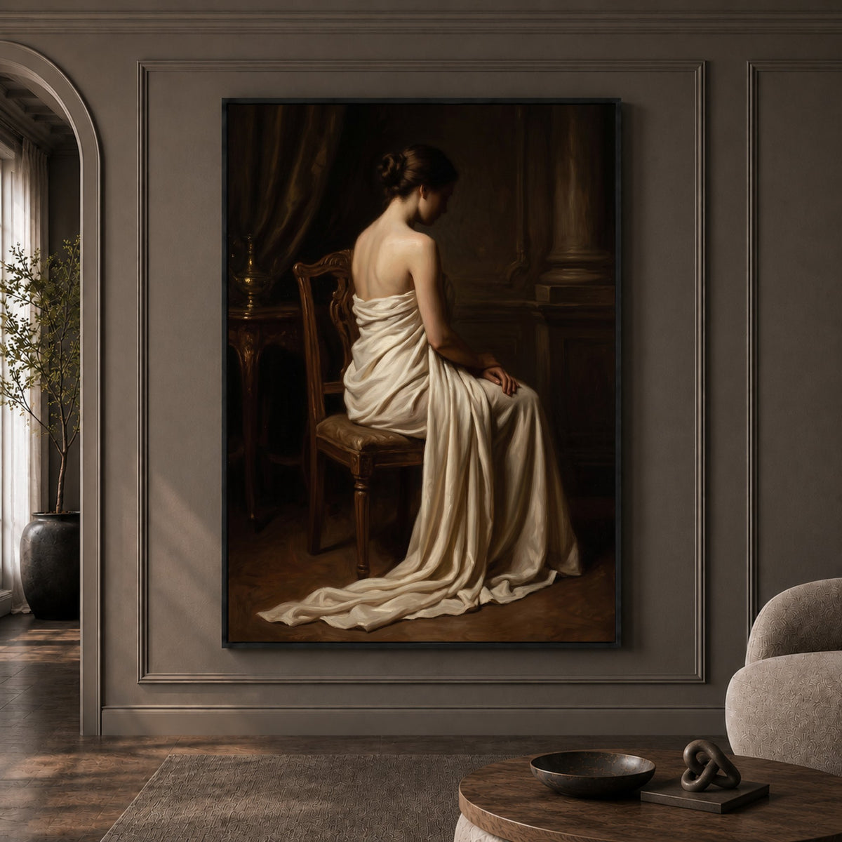 Classical Seated Woman Portrait Oil Painting Style Canvas Print Wall Art - Mockup Display 1