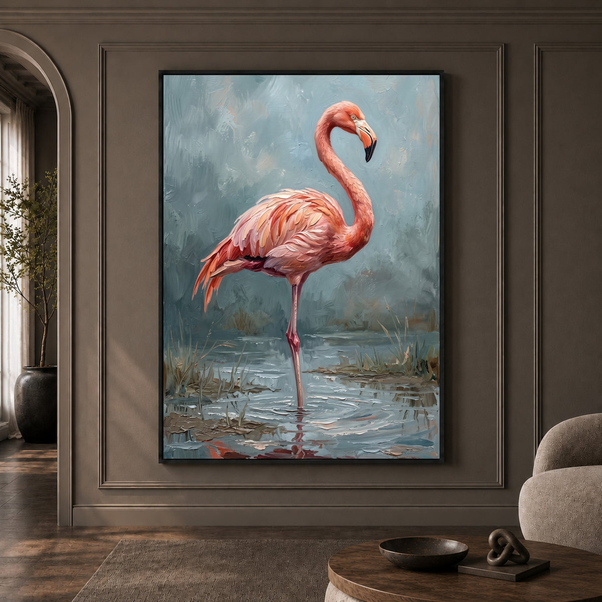 Majestic Flamingo Oil Painting Style Canvas Print Wall Art for Nature Lovers - Mockup Display 1