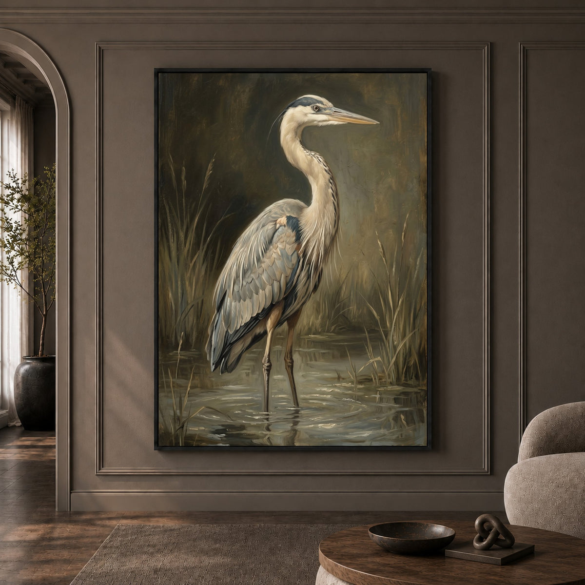 Majestic Heron Wetland Oil Painting Style Canvas Print Wall Art, Nature Decor - Mockup Display 1