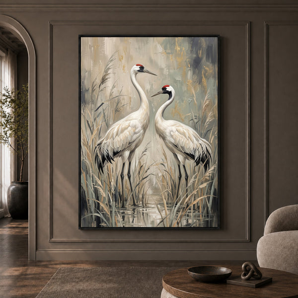 Elegant White Cranes Oil Painting Style Canvas Print Wall Art, Serene Decor - Mockup Display 1