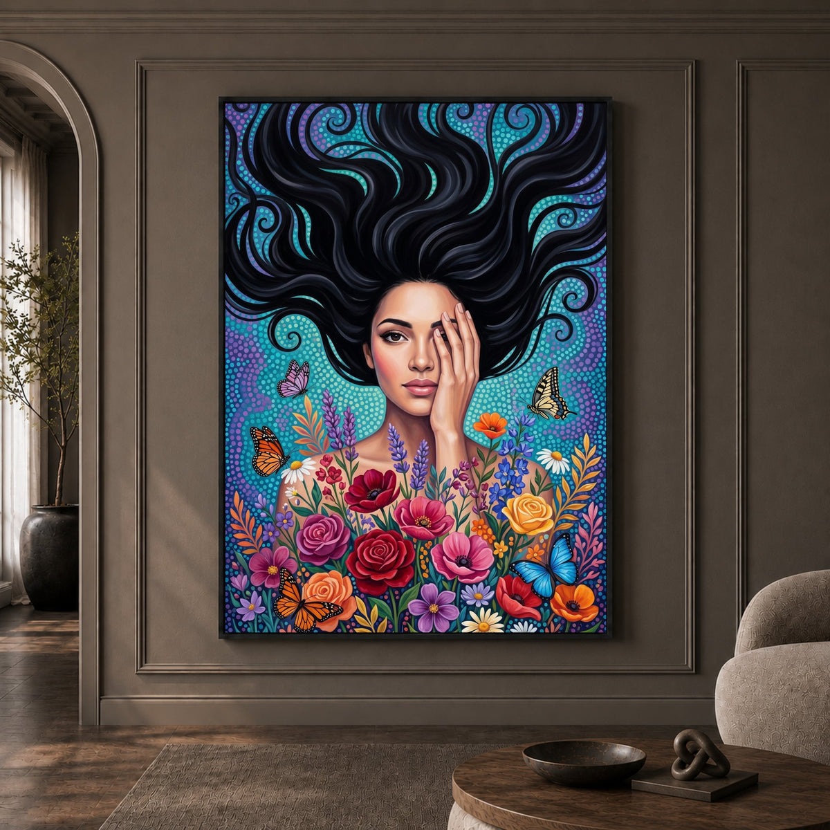 Vibrant Woman with Flowing Hair and Flowers Canvas Print Wall Art, Enchanting Decor - Mockup Display 1