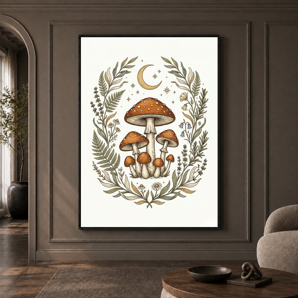 Whimsical Mushroom Folk Art Canvas Print Wall Art, Botanical Forest Decor - Mockup Display 1
