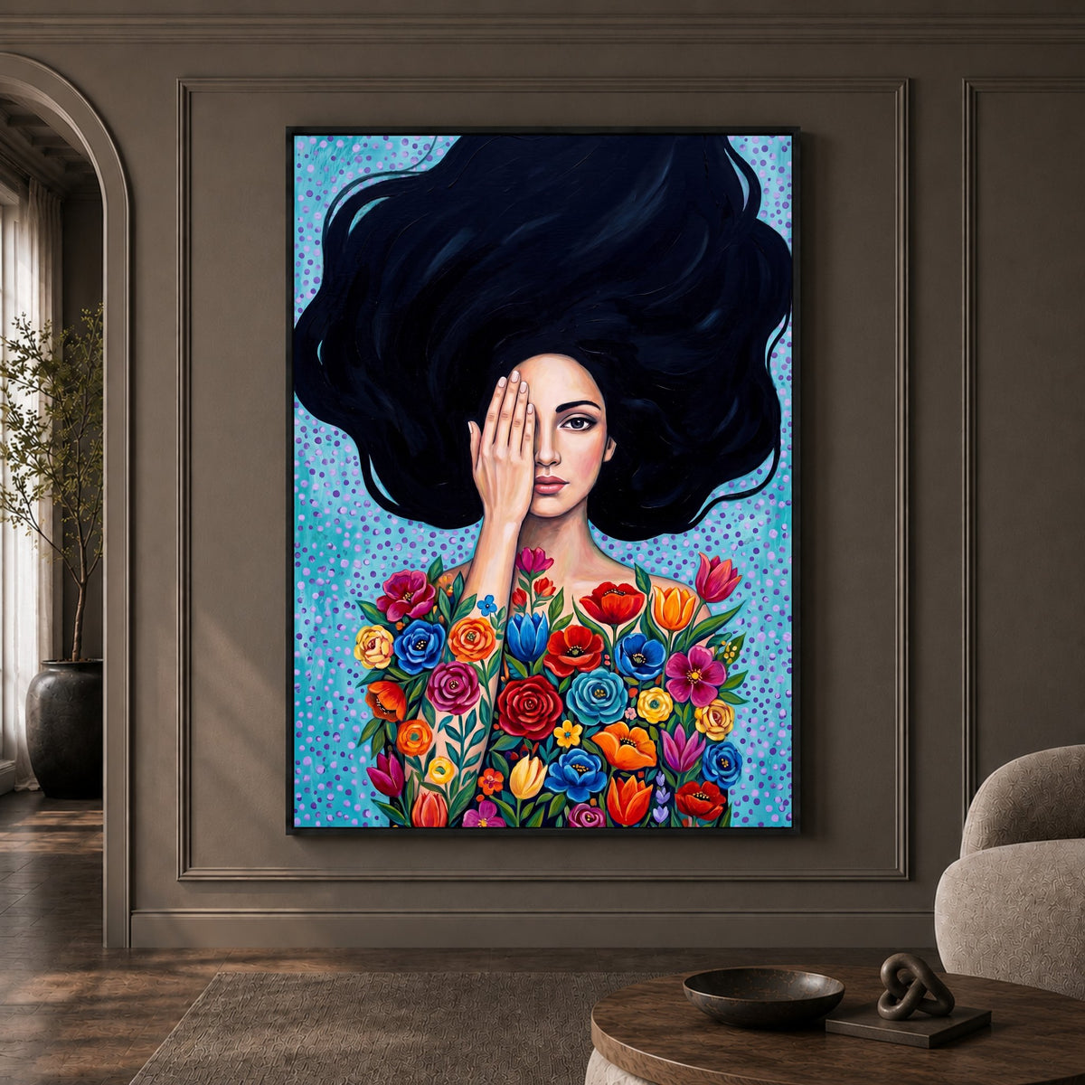 Vibrant Floral Woman Oil Painting Style Canvas Print Wall Art, Expressive Decor - Mockup Display 1