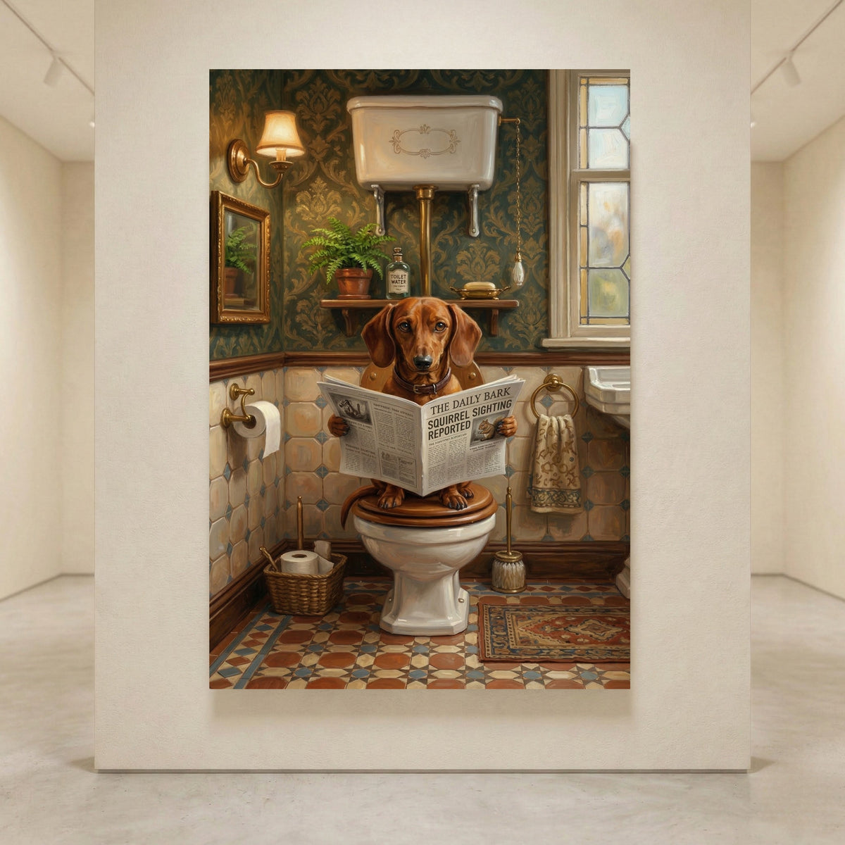 Dachshund Bathroom Stretched Canvas Wall Art, Humorous Dog Print, Vintage Powder Room Decor