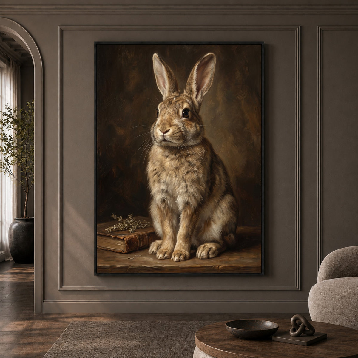 Charming Rabbit Oil Painting Style Canvas Print Wall Art, Rustic Decor - Mockup Display 1