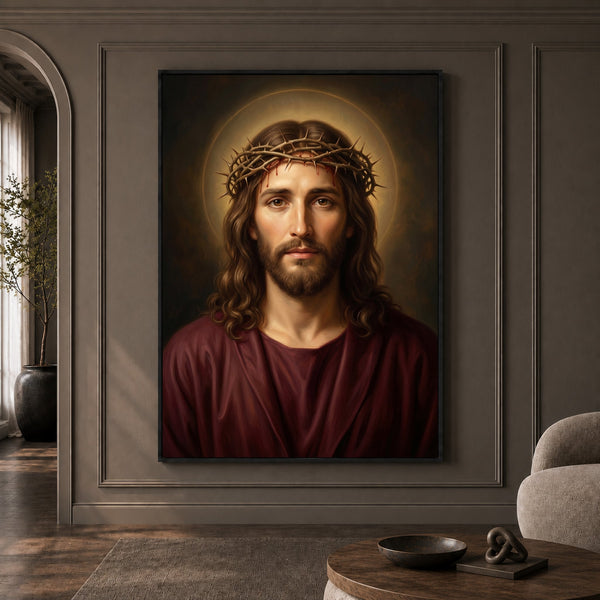 Jesus Christ Crown of Thorns Realistic Spiritual Portrait Canvas Print Wall Art - Mockup Display 1
