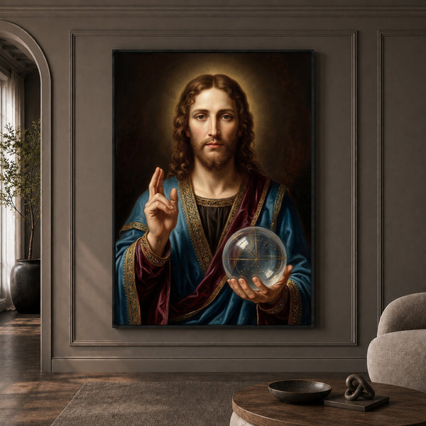 Jesus Christ Salvator Mundi Oil Painting Style Canvas Print Wall Art, Divine - Mockup Display 1