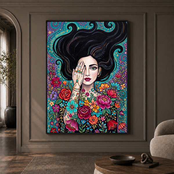 Boho Woman with Floral Tattoos Canvas Print Wall Art, Mystical Decor - Mockup Display 1