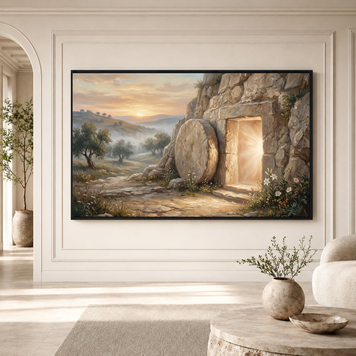 Empty Tomb Resurrection Oil Painting Style Canvas Print Wall Art, Divine Decor - Mockup Display 3