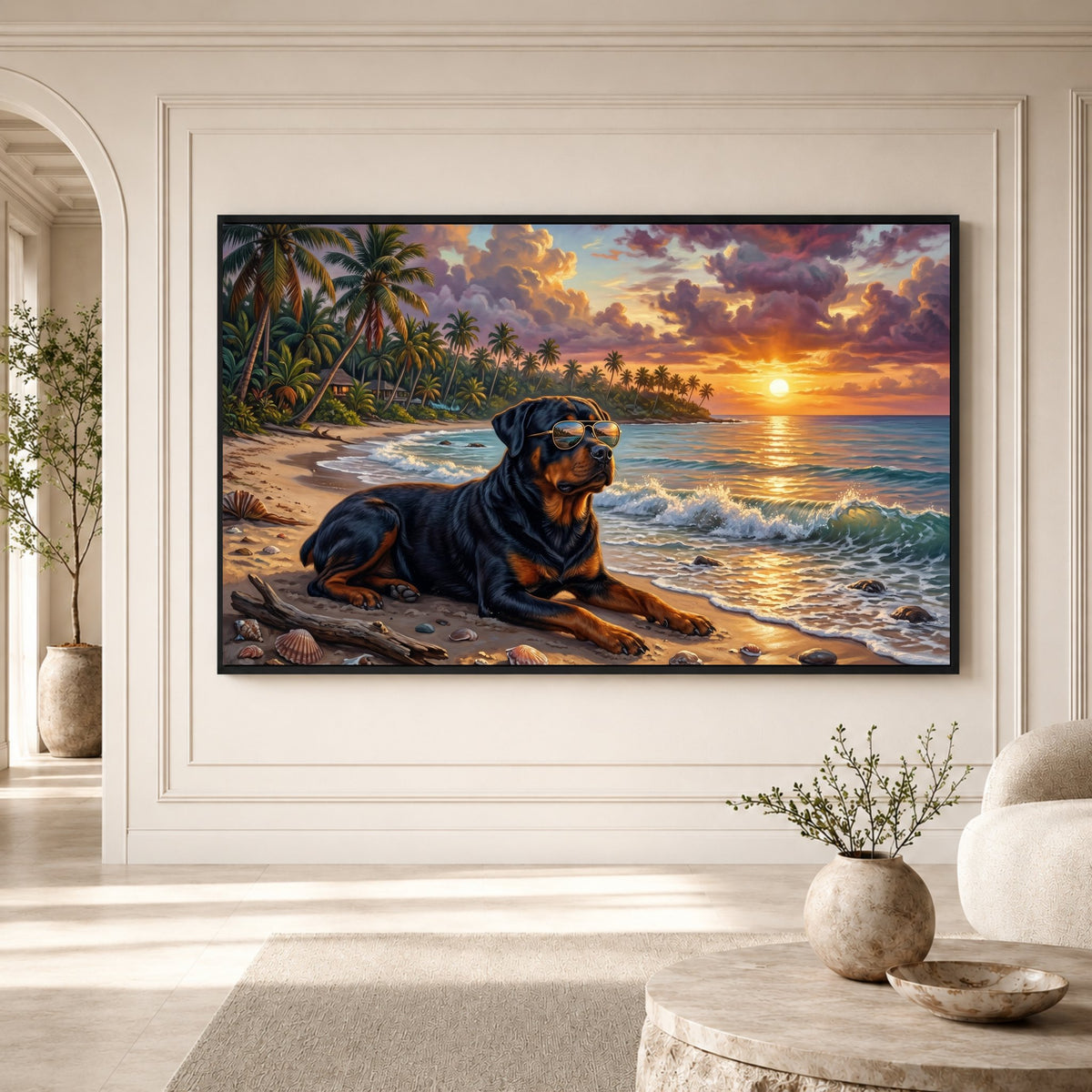 Rottweiler Dog Tropical Beach Sunset Oil Painting Style Canvas Print Wall Art Décor - Mockup Display 3