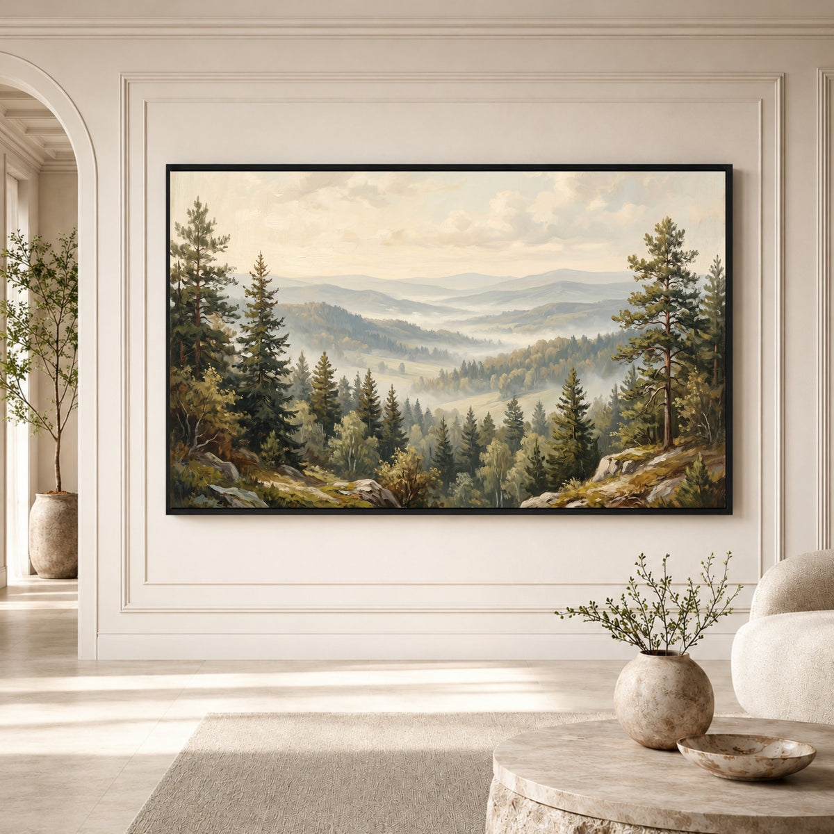 Misty Forest Landscape Oil Painting Style Canvas Print Wall Art, Serene Hills - Mockup Display 3