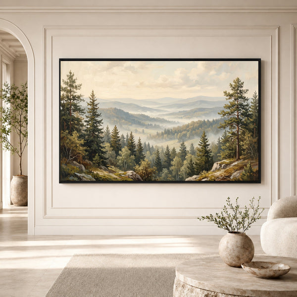 Misty Forest Landscape Oil Painting Style Canvas Print Wall Art, Serene Hills - Mockup Display 3