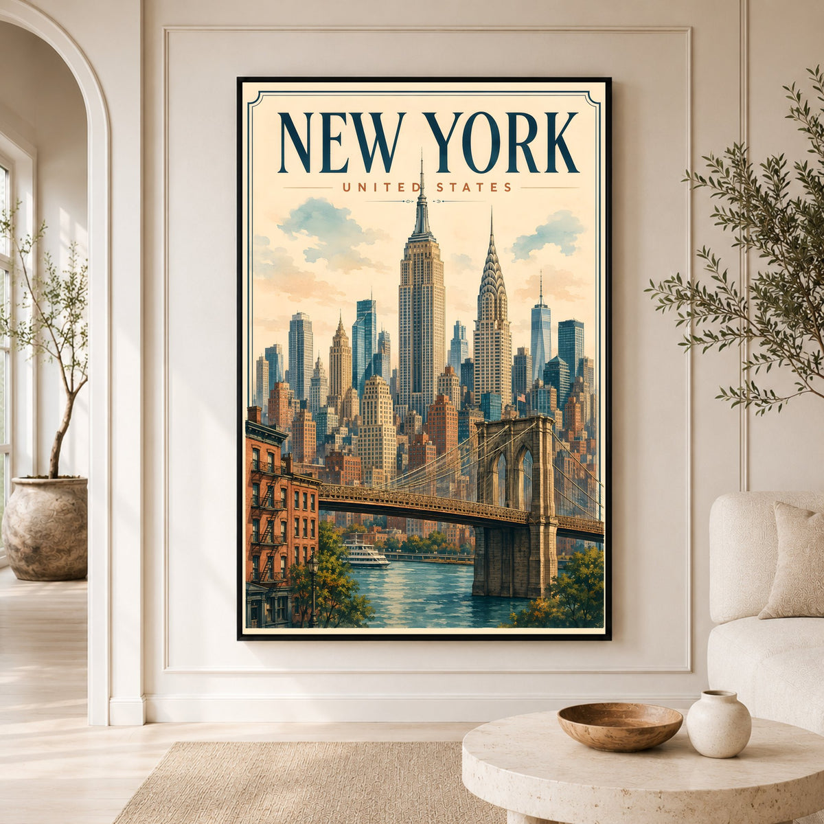 New York City Vintage Illustration Skyline Brooklyn Bridge Canvas Print Wall Art, Iconic - Mockup Display 2