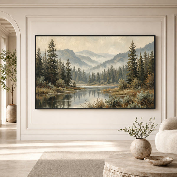 Serene Forest Lake Landscape Oil Painting Style Canvas Print Wall Art, Tranquil View - Mockup Display 3