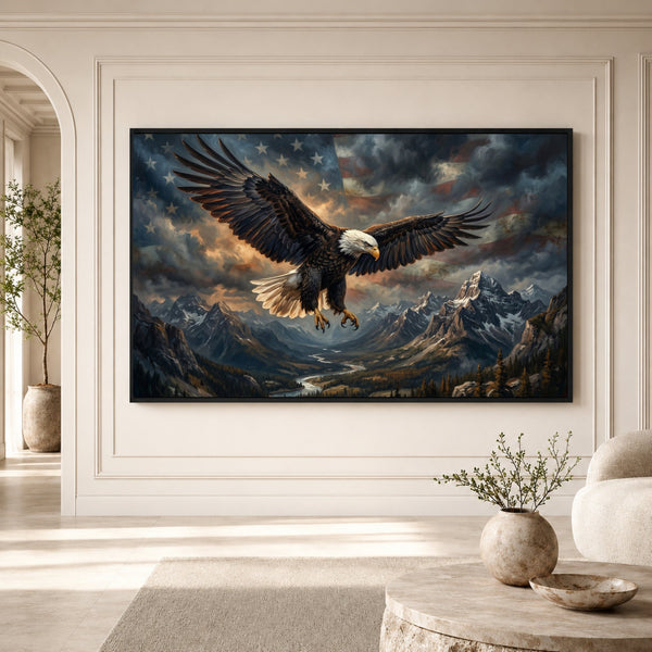 Majestic Bald Eagle Soaring Oil Painting Style Canvas Print Wall Art, Patriotic - Mockup Display 3