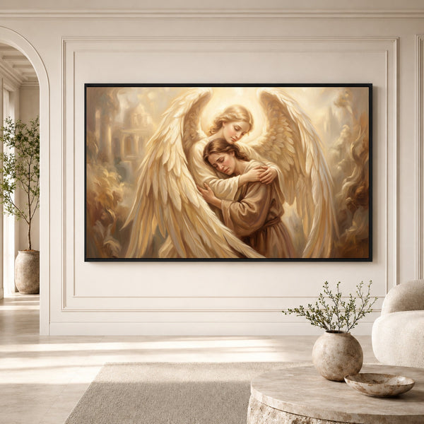 Serene Angelic Embrace Oil Painting Style Canvas Print Wall Art for Peace - Mockup Display 3