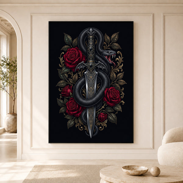 Intricate Dark Fantasy Snake & Dagger Roses Canvas Print Wall Art, Ornate Elegance - Mockup Display 5