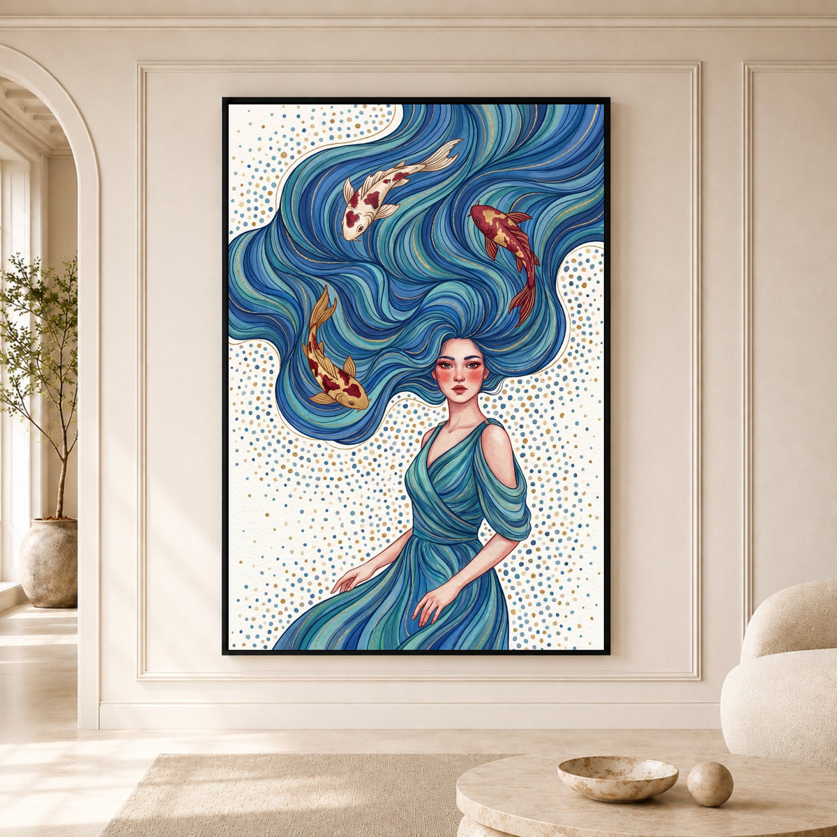 Mystical Water Maiden & Koi Fish Fantasy Canvas Print Wall Art, Serene Decor - Mockup Display 5