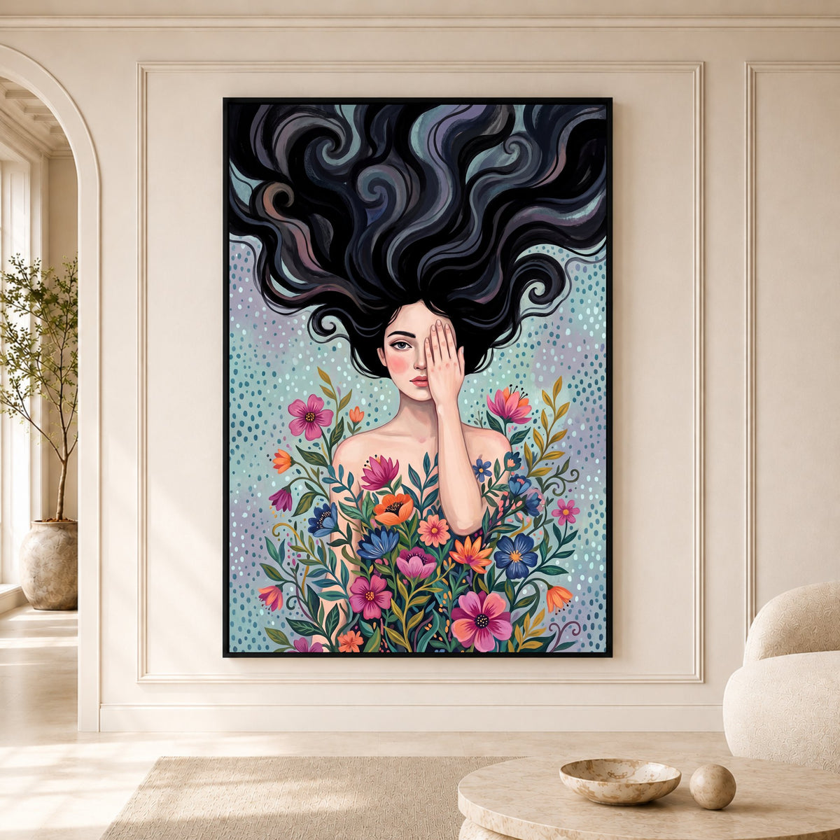 Mystical Woman with Vibrant Flowers Artistic Canvas Print Wall Art, Dreamy Portrait - Mockup Display 5