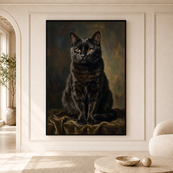 Classic Black Cat Oil Painting Style Canvas Print Wall Art, Elegant Pet Portrait Decor - Mockup Display 5