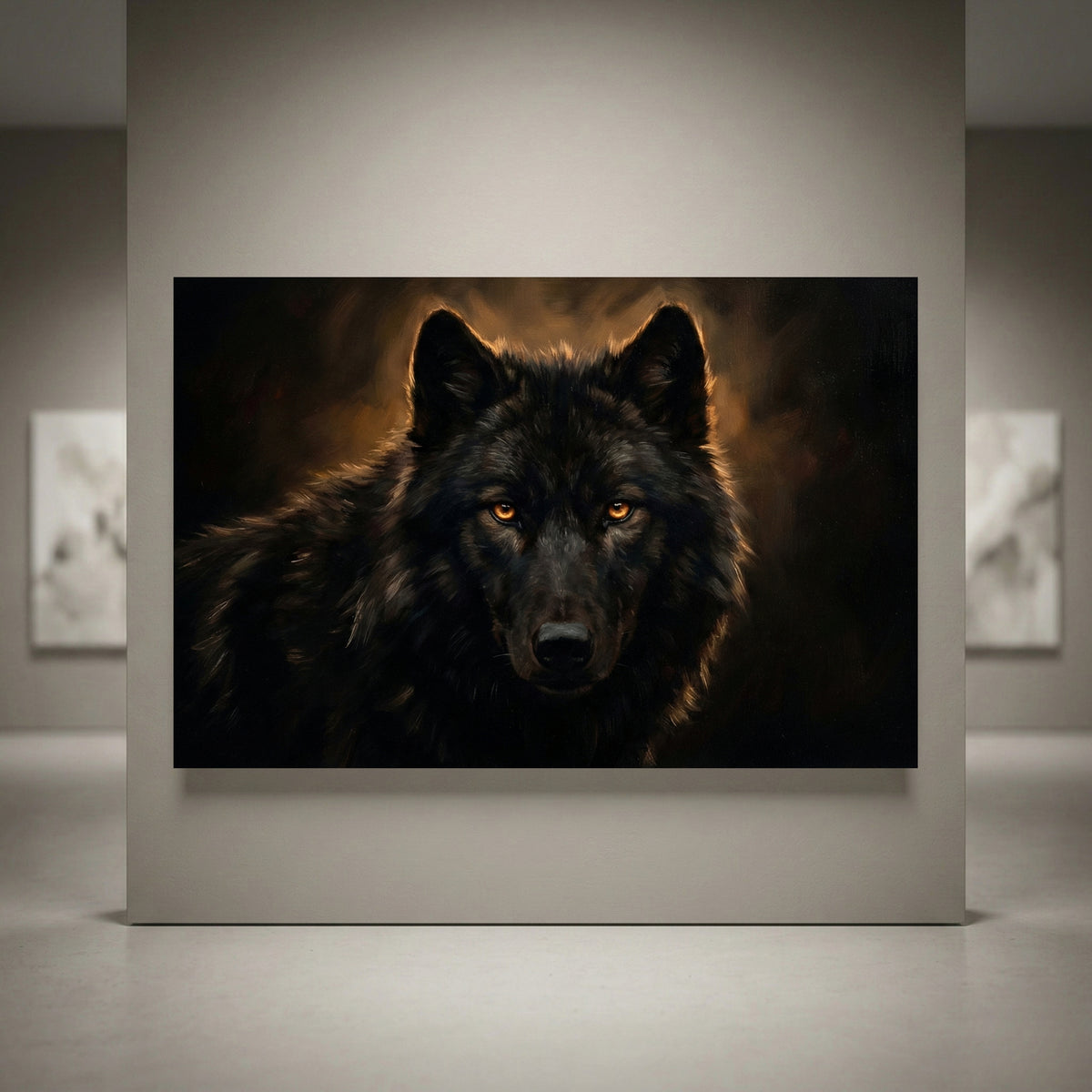 Black Wolf Portrait Stretched Canvas Wall Art, Amber Eyes Wildlife Print, Dramatic Animal Decor