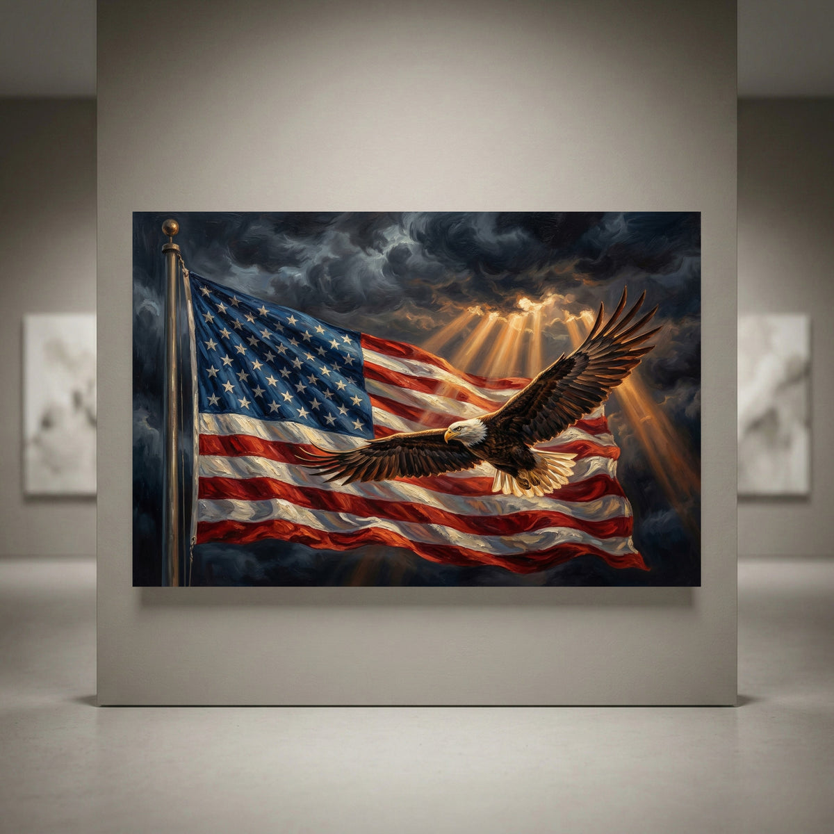 Bald eagle and American flag canvas art
