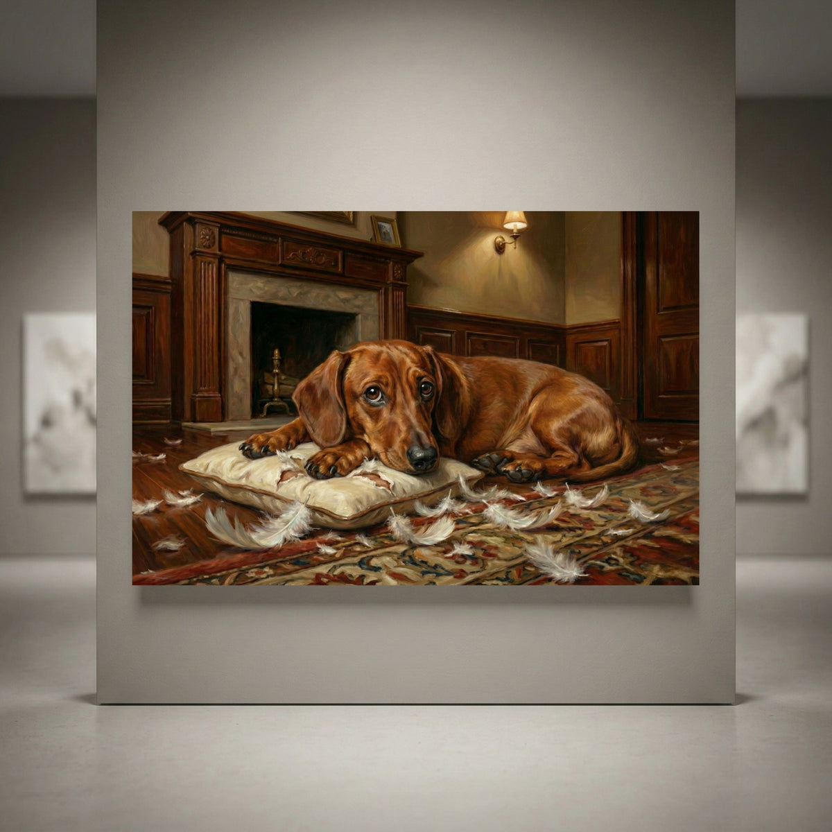Guilty Dachshund with torn pillow canvas art
