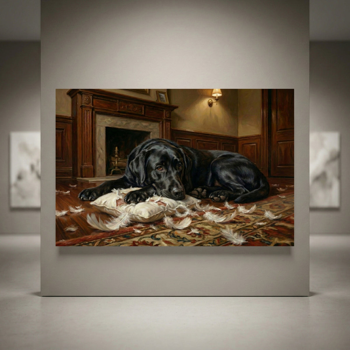 Guilty black Labrador with torn pillow canvas art