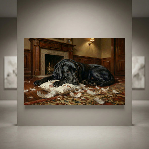 Guilty black Labrador with torn pillow canvas art