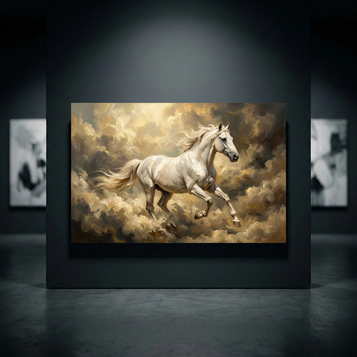 White horse galloping through golden clouds canvas art