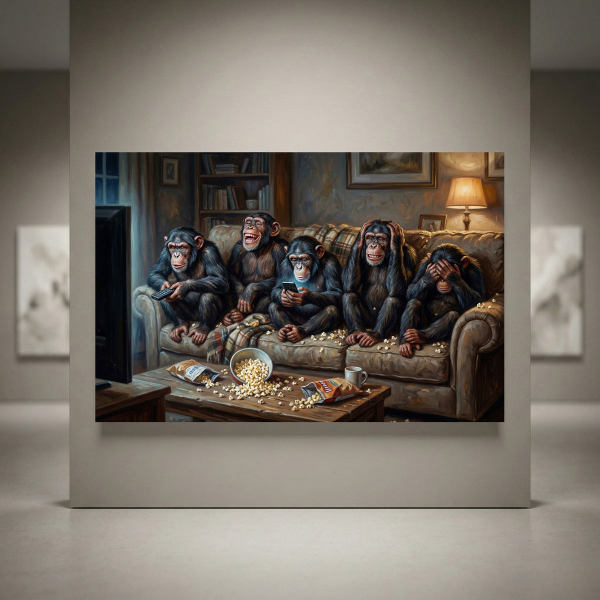 Five chimpanzees movie night canvas art