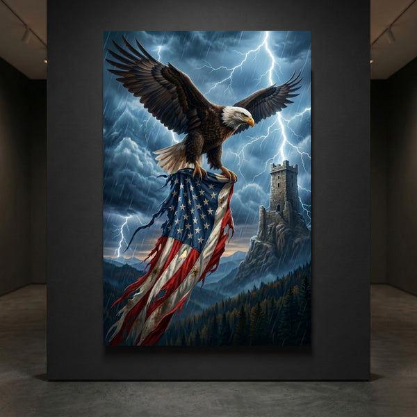 Bald Eagle American Flag Stretched Canvas Wall Art, Stormy Castle Tower Print, Patriotic Wall Decor