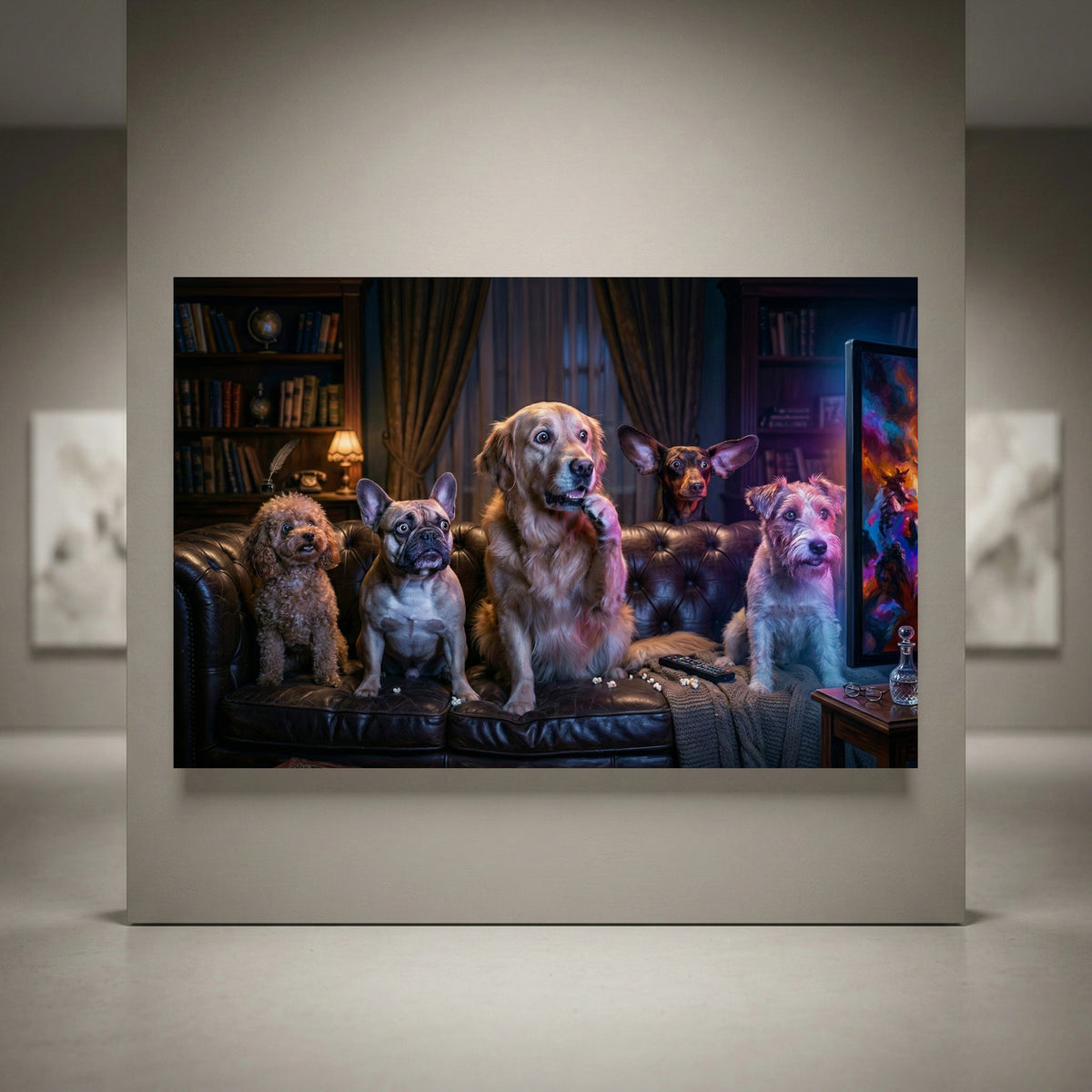 Five dogs watching scary movie canvas art