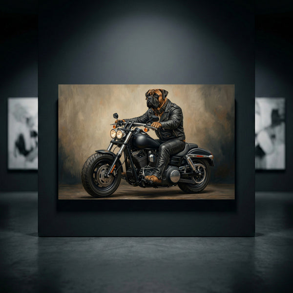 Bullmastiff Biker Stretched Canvas Wall Art, Funny Dog on Motorcycle Print, Man Cave Wall Decor