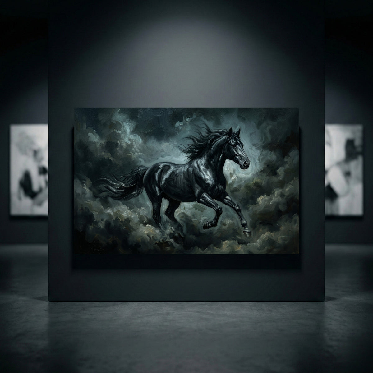 Black Stallion Storm Stretched Canvas Wall Art, Galloping Horse Print, Dramatic Equestrian Decor
