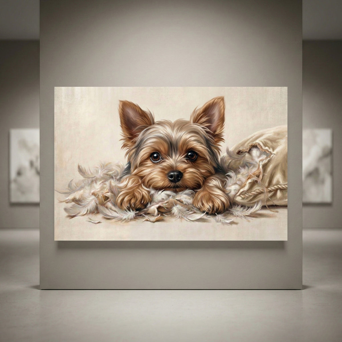 Yorkshire terrier puppy shredded pillow canvas art