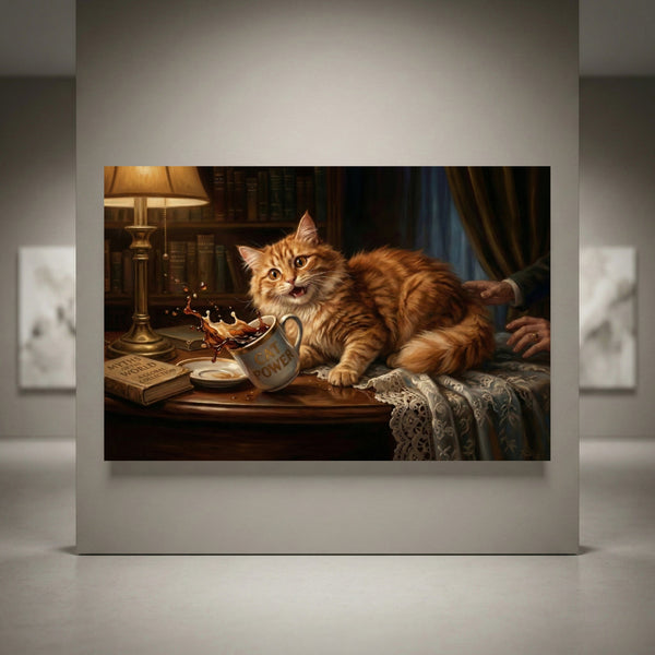 Ginger cat knocking over coffee mug canvas art