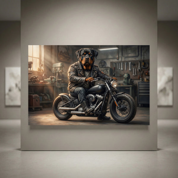 Rottweiler Biker Stretched Canvas Wall Art, Funny Dog on Motorcycle Print, Garage Wall Decor