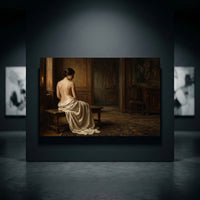 Classical oil painting style canvas print of a woman with bare back, draped in white, in a candlelit elegant room.