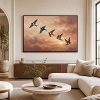 Barn Swallows Sunset Sky Oil Painting Style Canvas Print Wall Art for Nature Lovers - Mockup Display 9