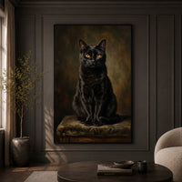 Elegant Black Cat Portrait Oil Painting Style Canvas Print Wall Art, Regal - Mockup Display 9